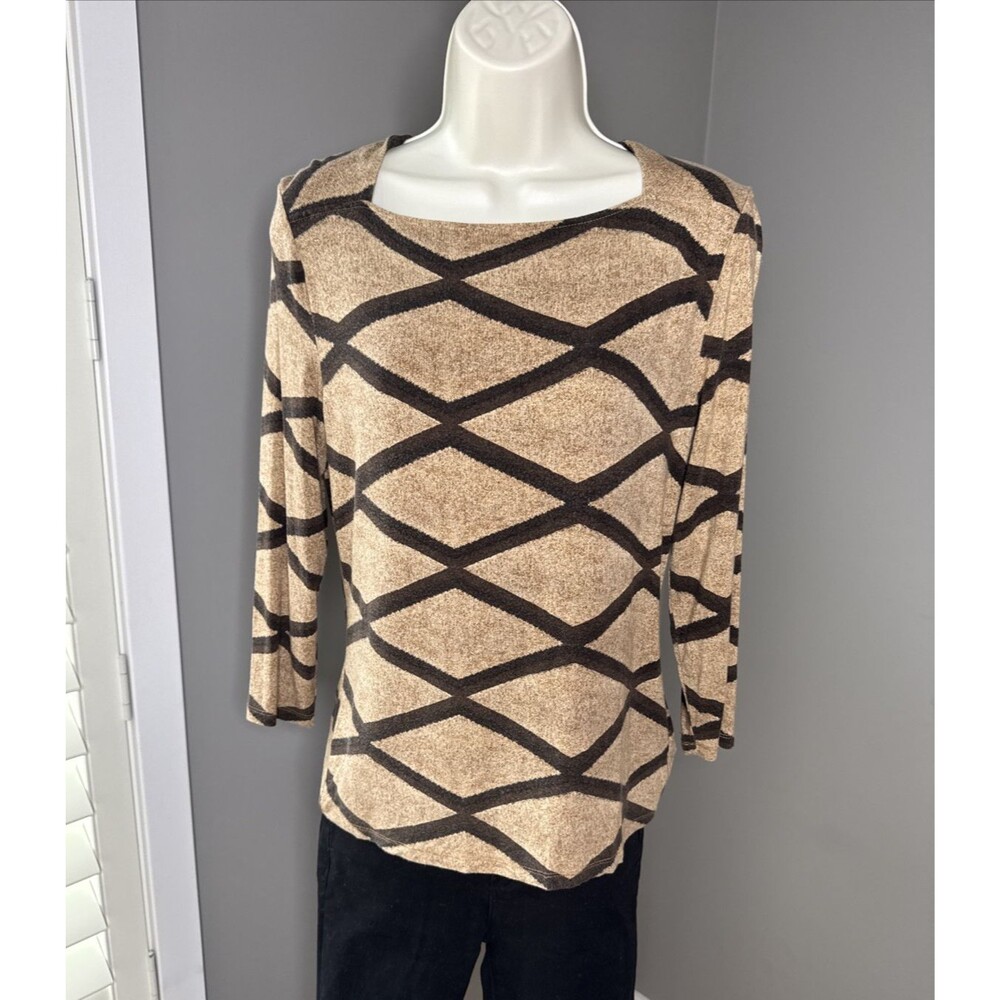 Lauren Ralph Lauren Petite Large Sweater Brown Geometric Print SOFT Square Neck